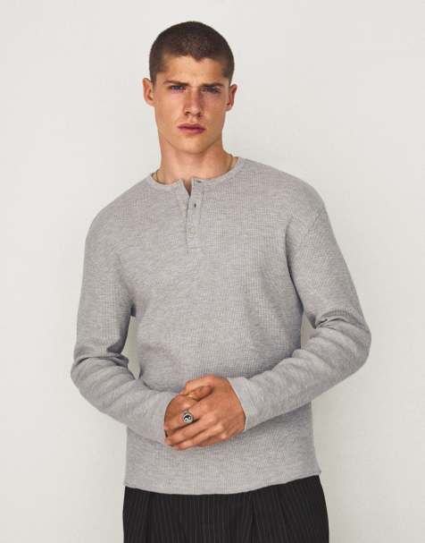 Bershka – Ljusgrå, smal t-shirt i henleystil med långa ärmar - view 1