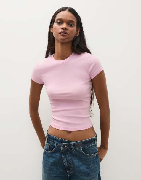 Bershka – Ljusrosa t-shirt med korta ärmar och rund halsringning - view 1
