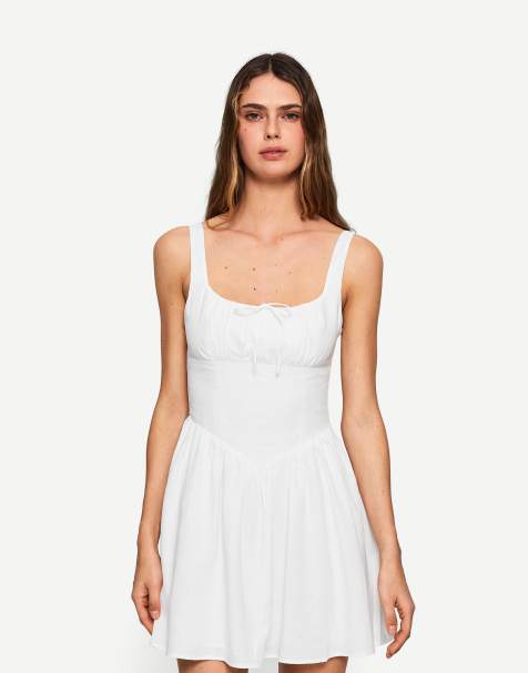 Bershka Llinen blend flared mini dress in white - view 1