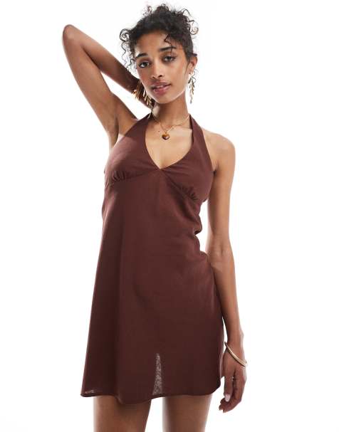 Bershka – Lniana czekoladowa sukienka mini z dekoltem typu halter - view 1