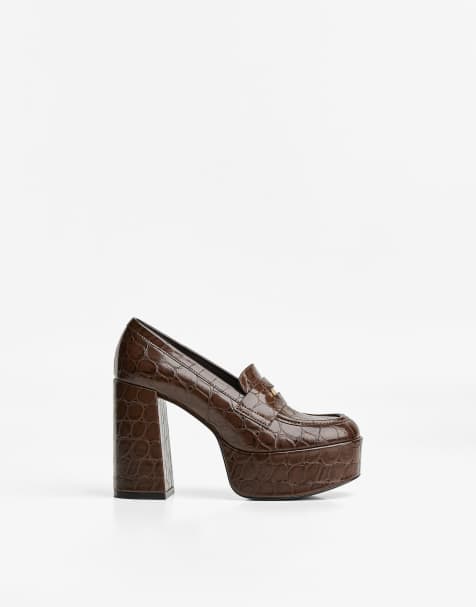Bershka - Loafers met hoge hak en plateauzool in bruin - view 1