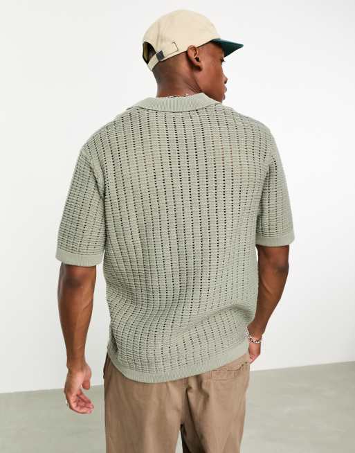Bershka – Locker geschnittenes Polohemd aus strukturiertem Strick in Khaki, 2 von 4