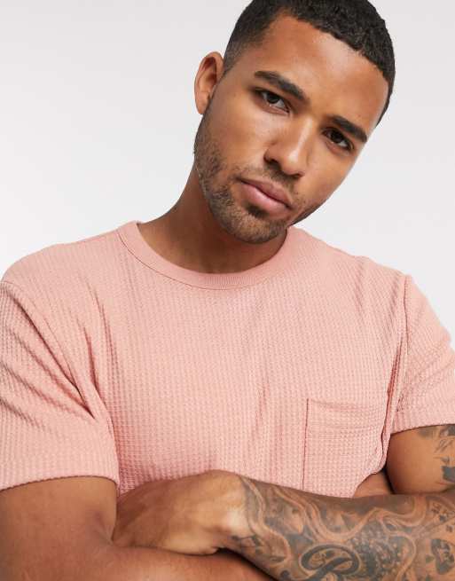 Bershka – Locker geschnittenes T-Shirt mit Waffelstruktur in Rosa