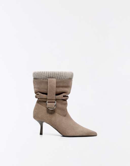 Bershka lockere Leder-Sock-Ankle-Boots in Beige, 3 von 6