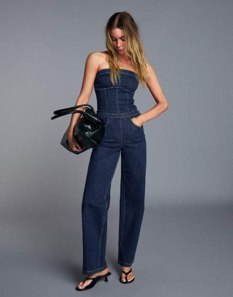Bershka Long denim bandeau jumpsuit in denim blue - view 1