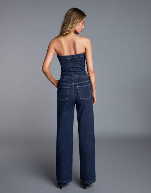 Bershka Long denim bandeau jumpsuit in denim blue, 3 of 5
