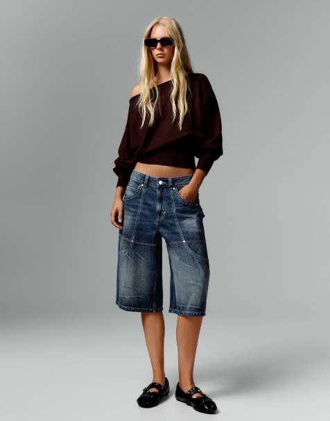Bershka Long denim bermuda shorts with pocket detail in navy - view 1