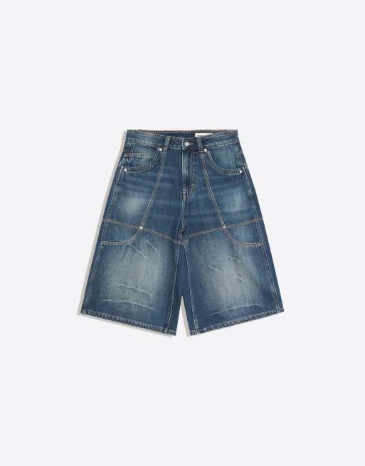 Bershka Long denim bermuda shorts with pocket detail in navy, 5 of 5