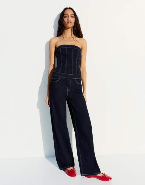 Bershka Long denim jumpsuit in blue - view 1