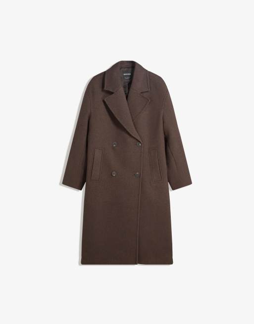 Bershka Long drop-shoulder coat in brown