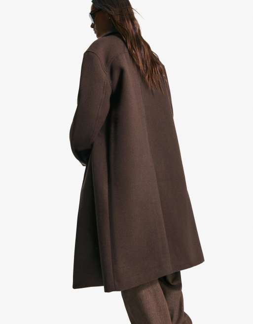 Bershka Long drop-shoulder coat in brown
