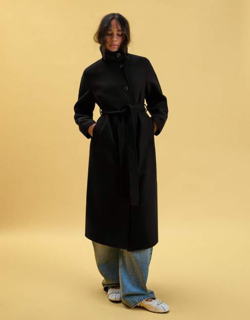 Bershka Long funnel neck coat with belt in black, 2 of 5