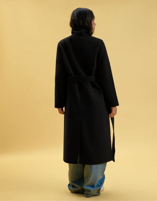 Bershka Long funnel neck coat with belt in black, 3 of 5