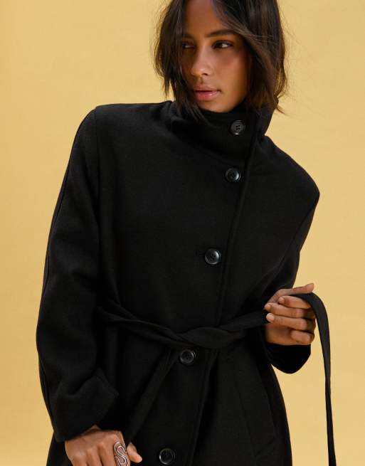 Bershka Long funnel neck coat with belt in black, 4 of 5