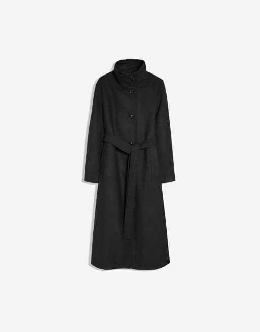 Bershka Long funnel neck coat with belt in black, 5 of 5