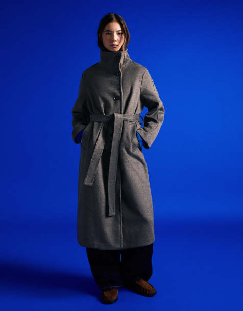 Bershka Long funnel neck coat with belt in grey - view 1