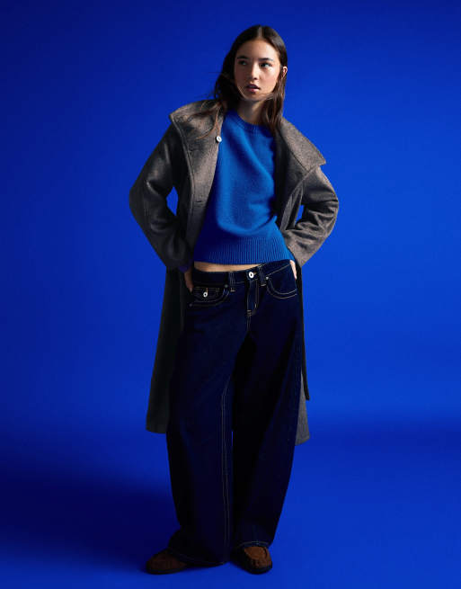 Bershka Long funnel neck coat with belt in grey, 2 of 5