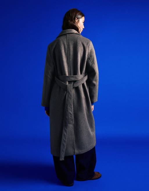 Bershka Long funnel neck coat with belt in grey, 3 of 5