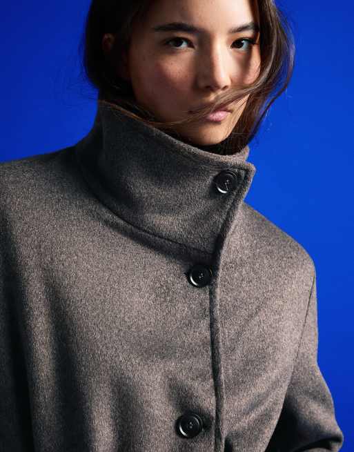 Bershka Long funnel neck coat with belt in grey, 4 of 5