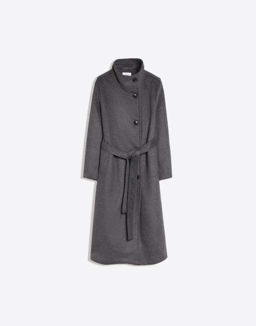 Bershka Long funnel neck coat with belt in grey, 5 of 5