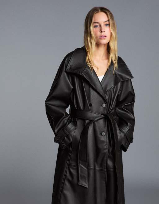 Bershka Long leather effect belt trench coat in black, 4 of 5