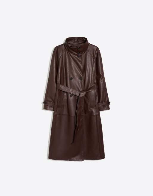 Bershka Long leather effect belt trench coat in burgundy, 5 of 5
