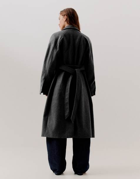Bershka long manteau souple ceinturé gris et noir - view 1