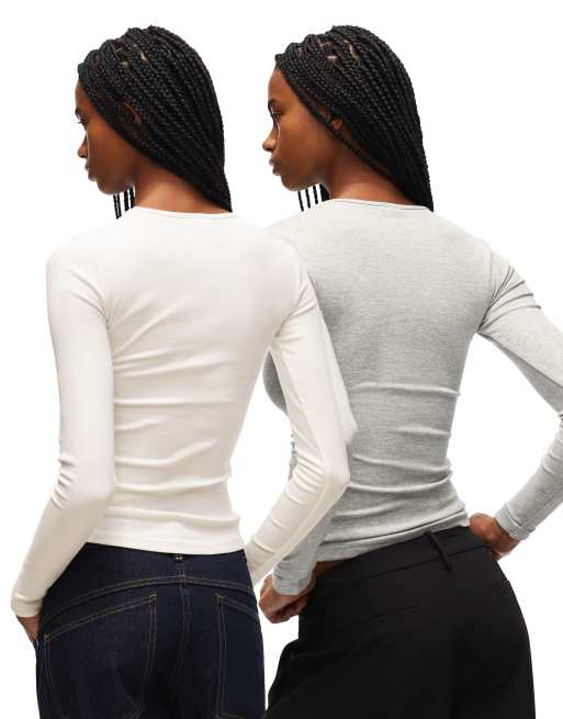 Bershka Long sleeve - 2-pack of t-shirts in beige, 2 of 3