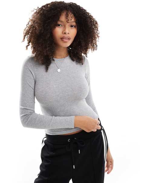 Bershka long sleeve baby tee in gray - view 1