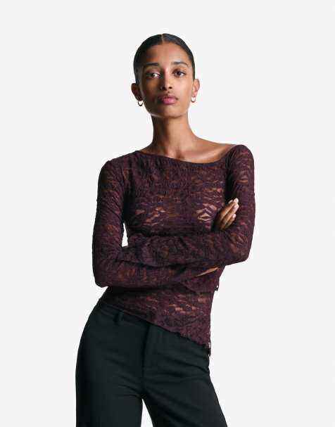 Bershka Long sleeve blonde lace top in black - view 1