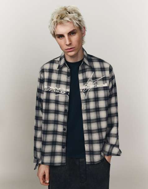 Bershka Long sleeve checked shirt in grey
