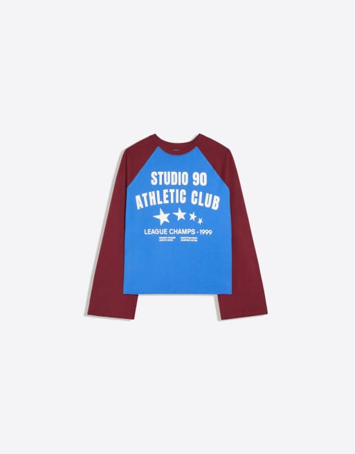 Bershka Long-sleeve contrast print raglan t-shirt in blue, 5 of 5