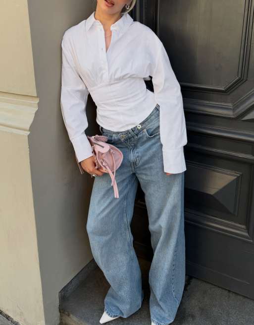Bershka Long sleeve corset-effect shirt in white, 3 of 5