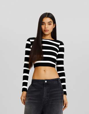 Bershka long sleeve crop top in black & white stripe-Multi