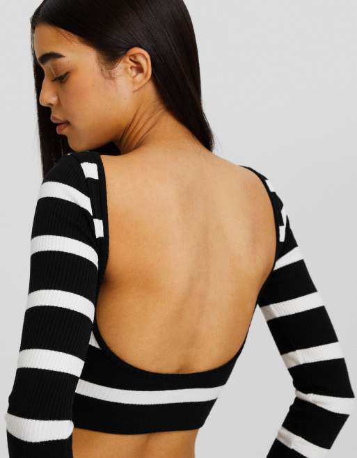 Miss Selfridge long sleeve backless top in black and white stripe