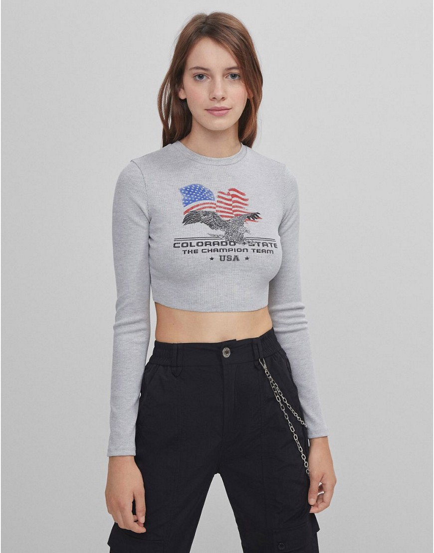 Bershka long sleeve crop top with eagle graphic in gray-Grey