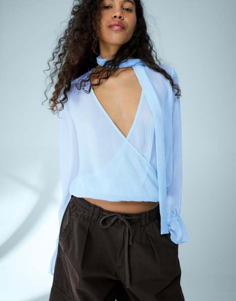 Bershka Long sleeve crossover scarf blouse in light yellow - view 1