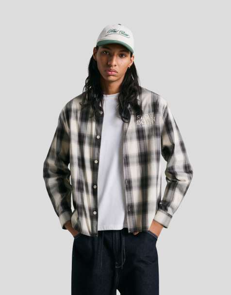 Bershka Long-sleeve embroidered check shirt in grey - view 1