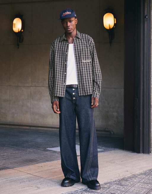 Bershka Long sleeve embroidered shirt in blue check, 2 of 5