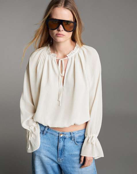 Bershka Long sleeve flowing shirt in ecru - view 1