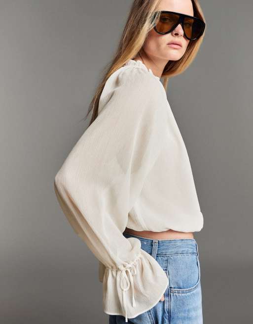 Bershka Long sleeve flowing shirt in ecru, 2 of 5