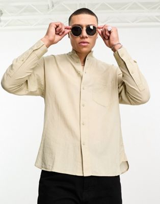 Bershka long sleeve grandad neck shirt in beige - ASOS Price Checker