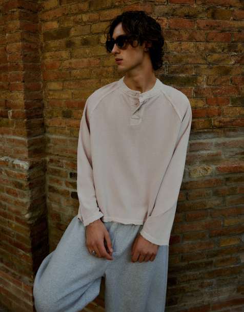 Bershka Long sleeve henley print t-shirt in beige - view 1