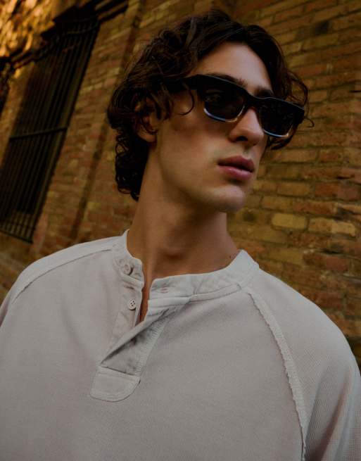 Bershka Long sleeve henley print t-shirt in beige, 4 of 6