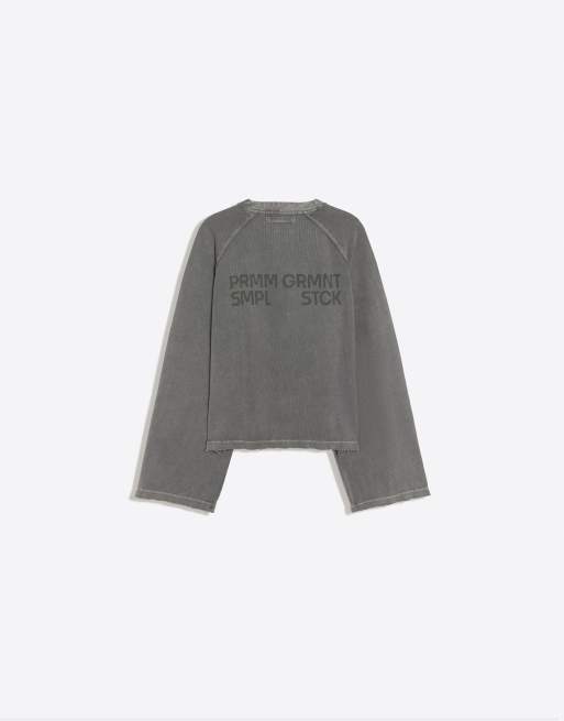 Bershka Long sleeve henley print t-shirt in grey, 6 of 6