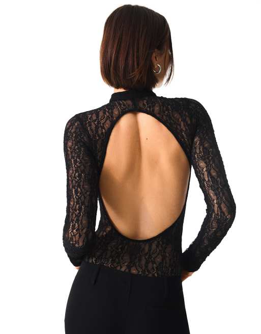 Bershka Long sleeve lace bodysuit with split neckline in black, 3 of 6