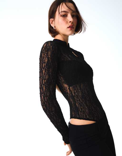 Bershka Long sleeve lace bodysuit with split neckline in black, 5 of 6