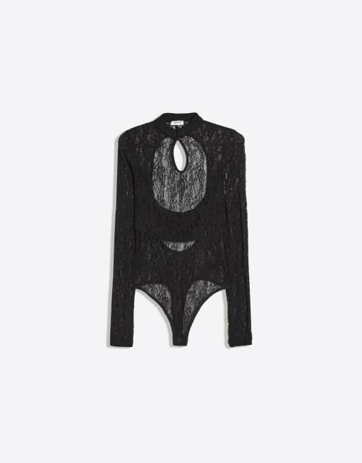 Bershka Long sleeve lace bodysuit with split neckline in black, 6 of 6