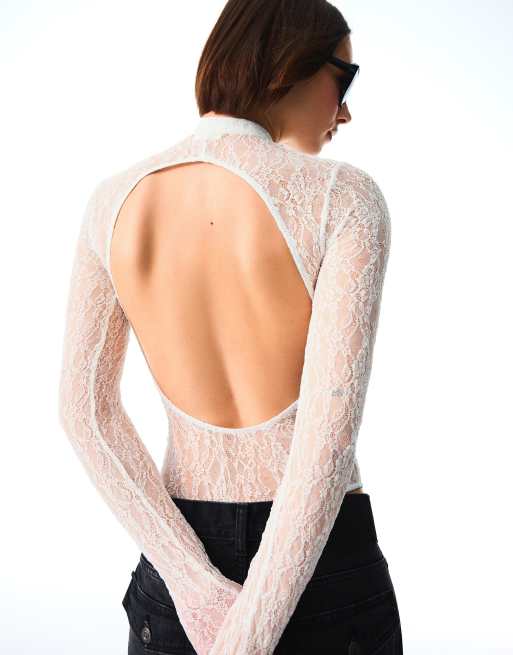 Bershka Long sleeve lace bodysuit with split neckline in white, 3 of 5