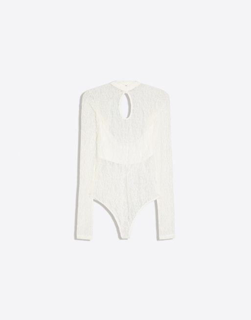 Bershka Long sleeve lace bodysuit with split neckline in white, 5 of 5